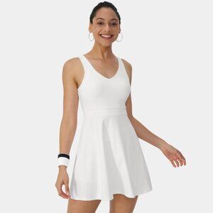 HALARA V-Neck Backless 2-Piece Flare Mini Dress in White (Size M)